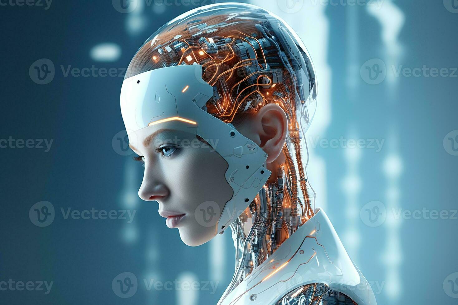 Portrait of a robot in a white futuristic interior,Artificial intelligence concept Ai generated photo
