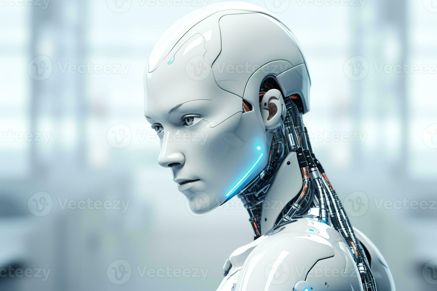 Portrait of a robot in a white futuristic interior,Artificial intelligence concept Ai generated photo