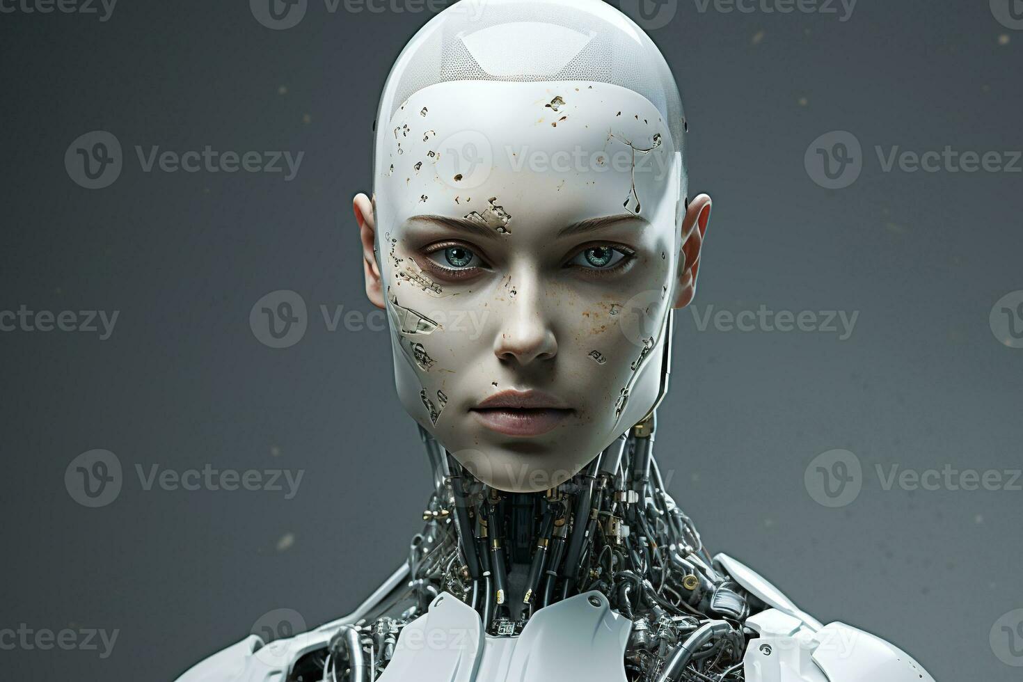 Portrait of a robot in a white futuristic interior,Artificial intelligence concept Ai generated photo