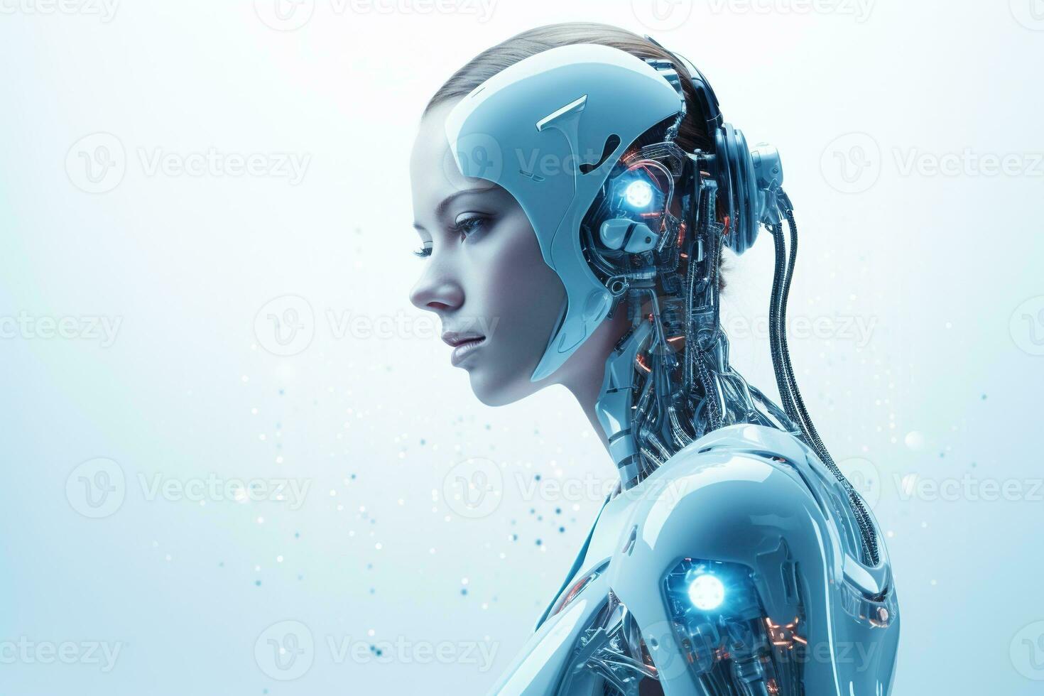 Portrait of a robot in a white futuristic interior,Artificial intelligence concept Ai generated photo