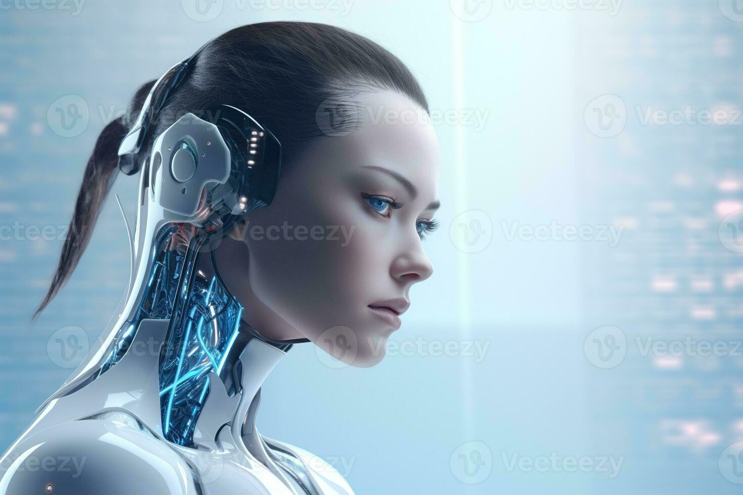 Portrait of a robot in a white futuristic interior,Artificial intelligence concept Ai generated photo