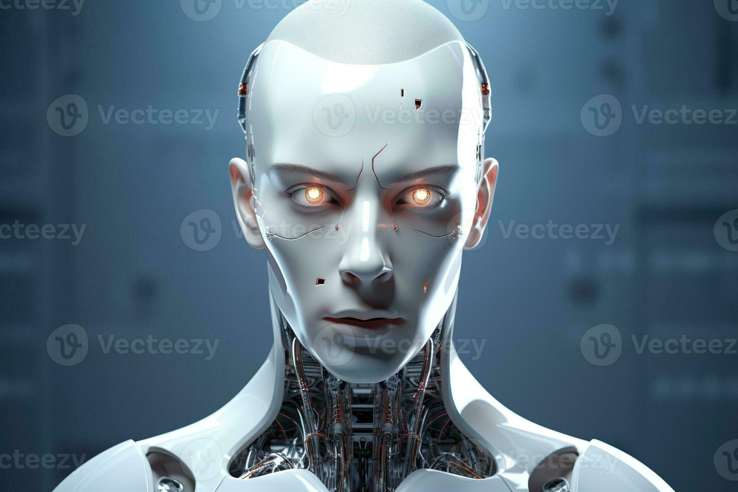 Portrait of a robot in a white futuristic interior,Artificial intelligence concept Ai generated photo