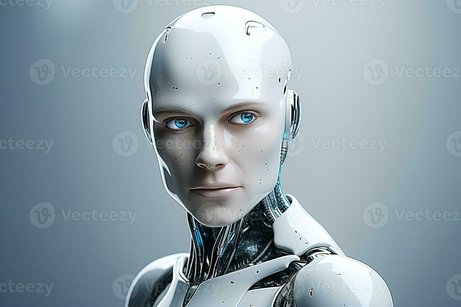 Portrait of a robot in a white futuristic interior,Artificial intelligence concept Ai generated photo