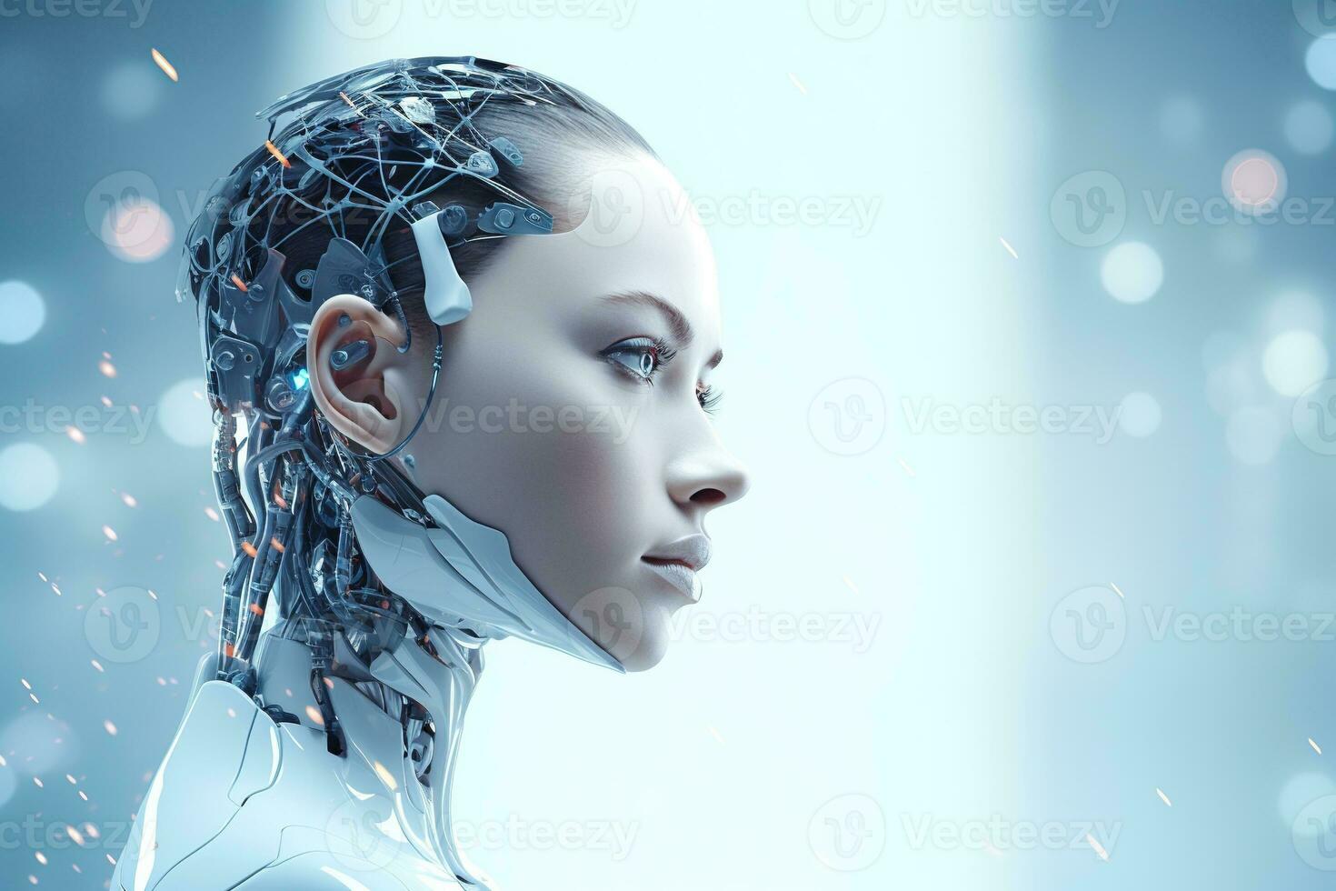Portrait of a robot in a white futuristic interior,Artificial intelligence concept Ai generated photo