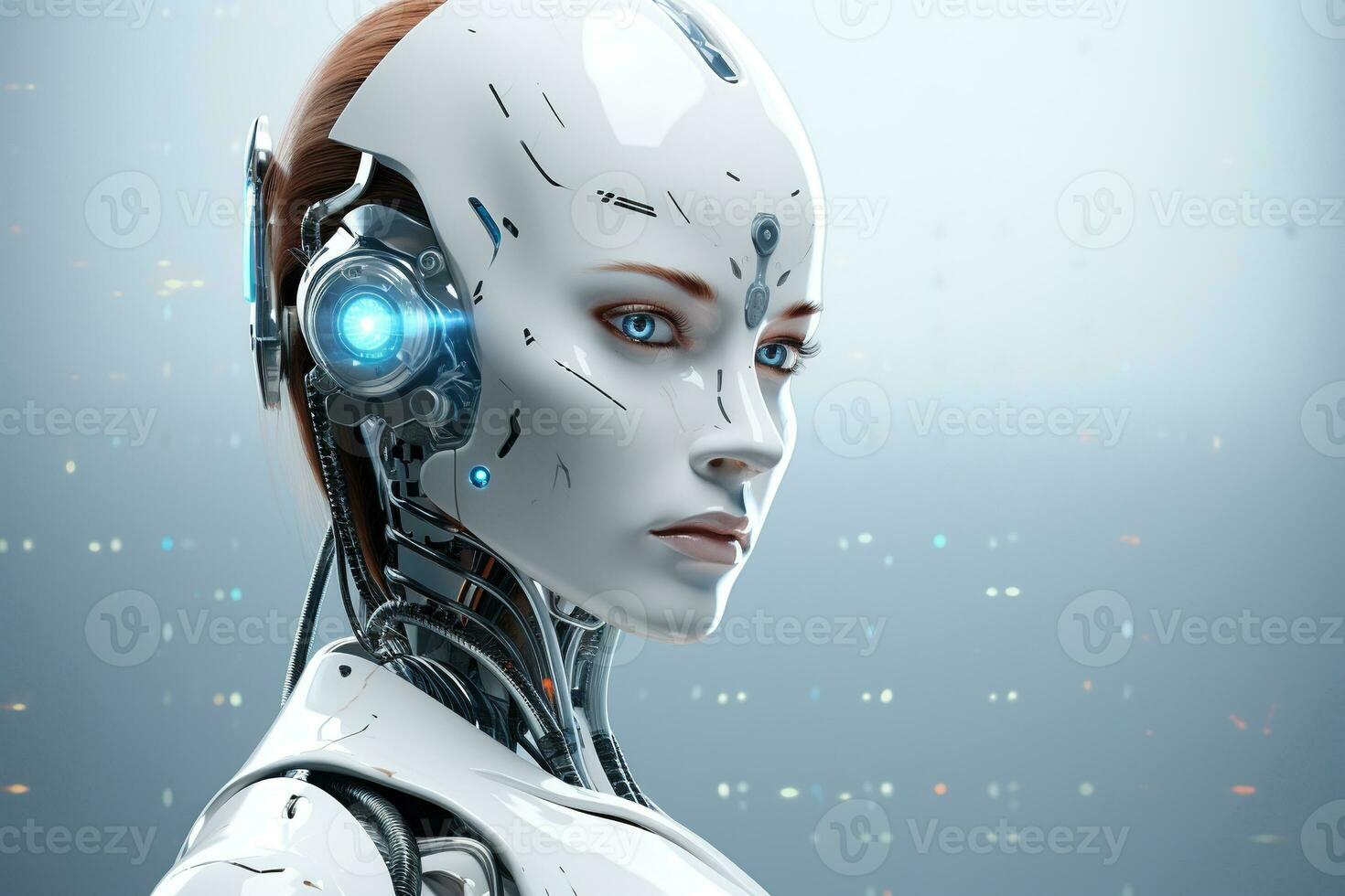 Portrait of a robot in a white futuristic interior,Artificial intelligence concept Ai generated photo
