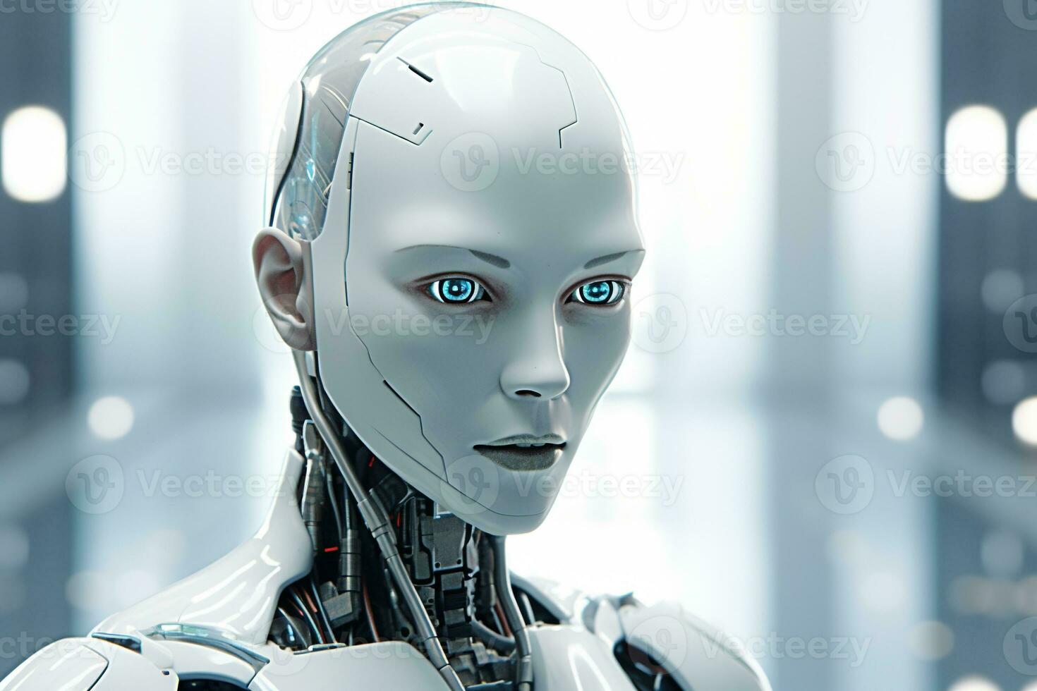 Portrait of a robot in a white futuristic interior,Artificial intelligence concept Ai generated photo