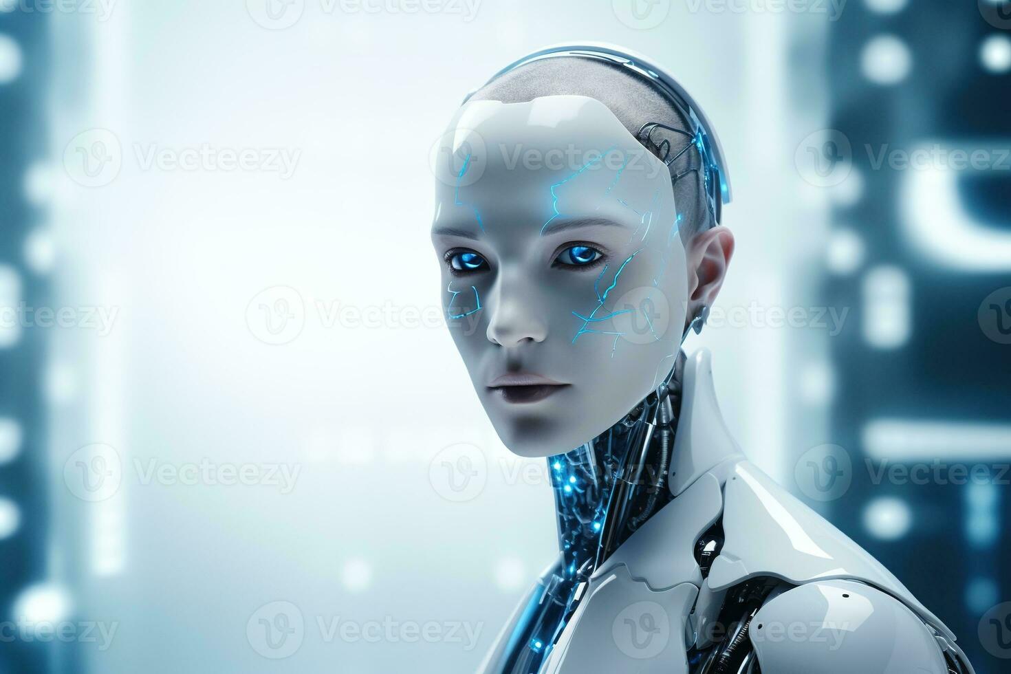 Portrait of a robot in a white futuristic interior,Artificial intelligence concept Ai generated photo