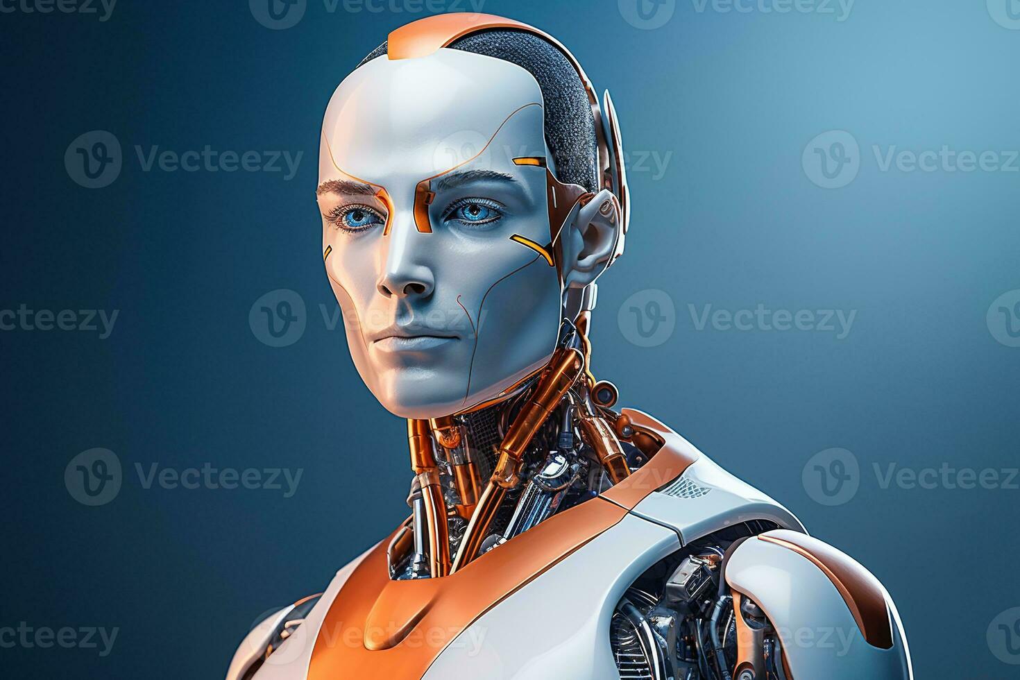 Portrait of a robot in a white futuristic interior,Artificial intelligence concept Ai generated photo