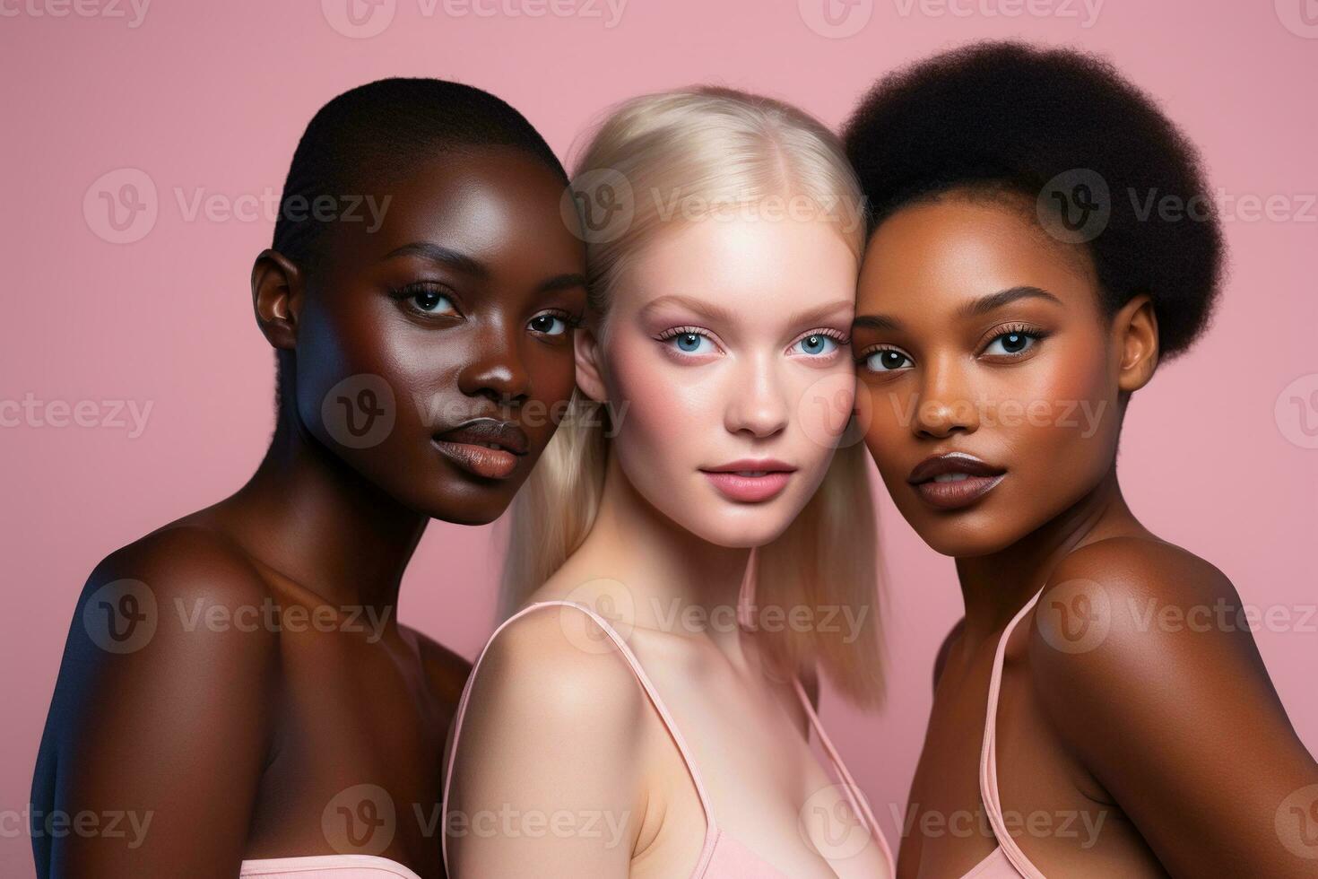 Portrait of three beautiful women with different skin tones on pink background AI Generated photo