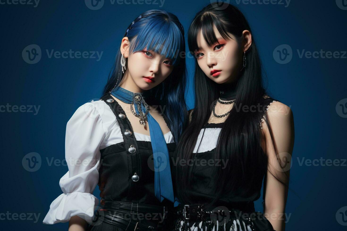 Portrait of two beautiful asian women in Fashion outfits on blue background AI Generated photo