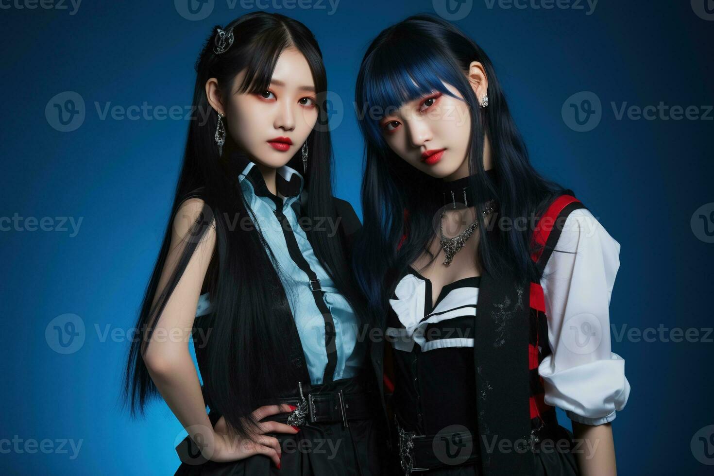 Portrait of two beautiful asian women in Fashion outfits on blue background AI Generated photo