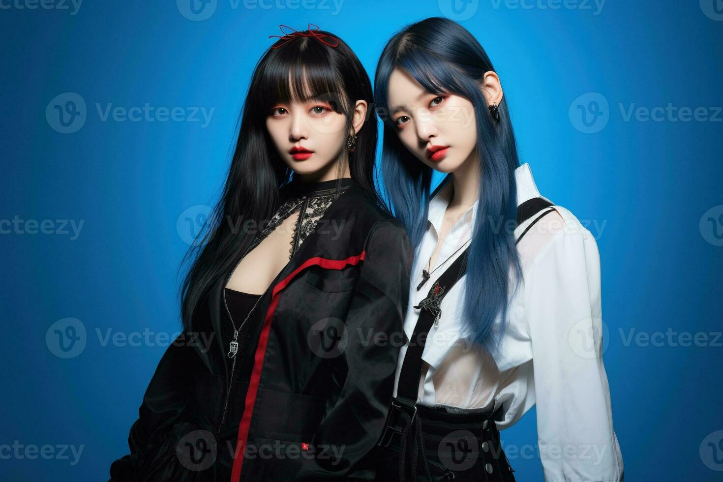 Portrait of two beautiful asian women in Fashion outfits on blue background AI Generated photo