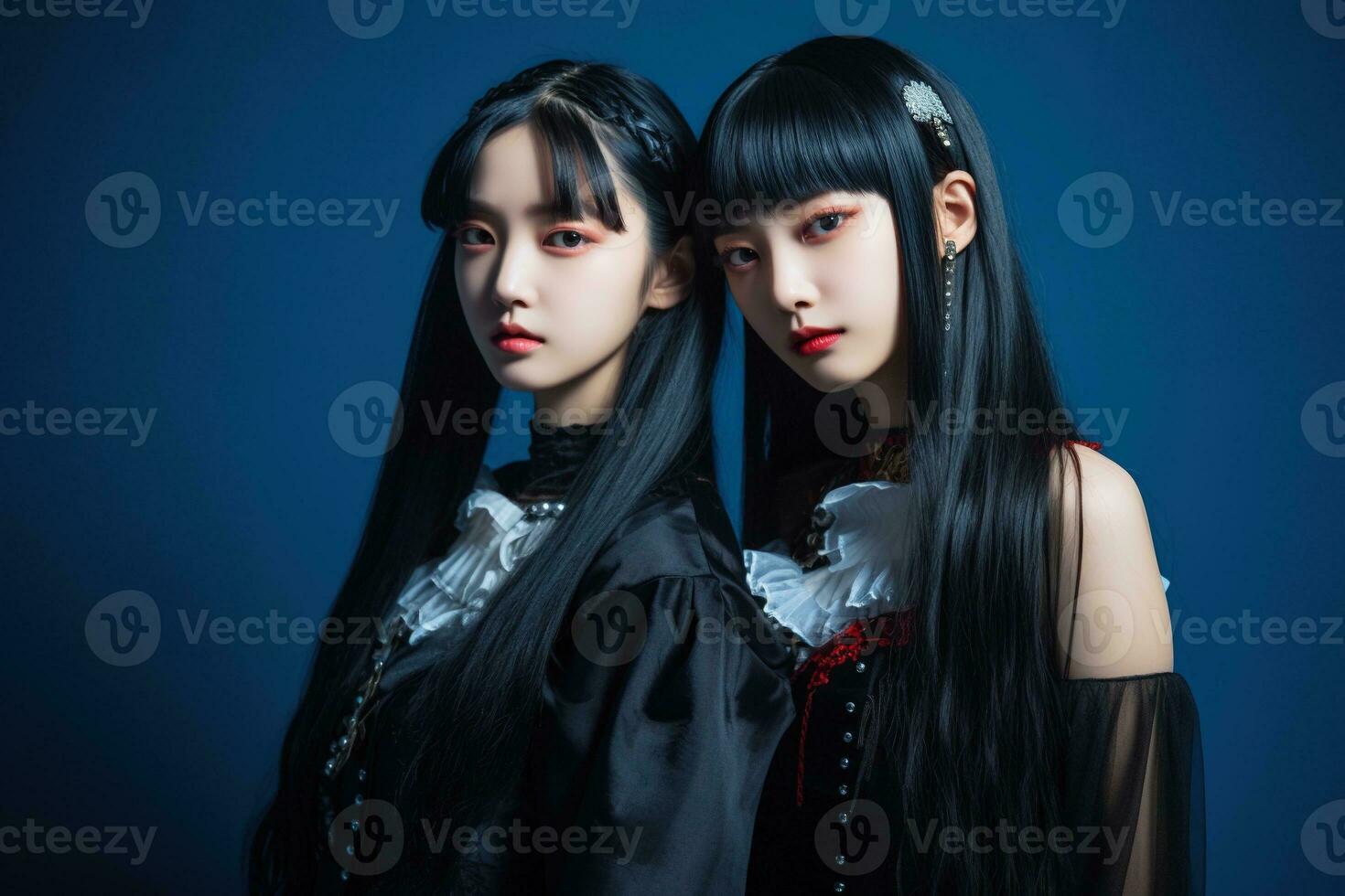 Portrait of two beautiful asian women in Fashion outfits on blue background AI Generated photo