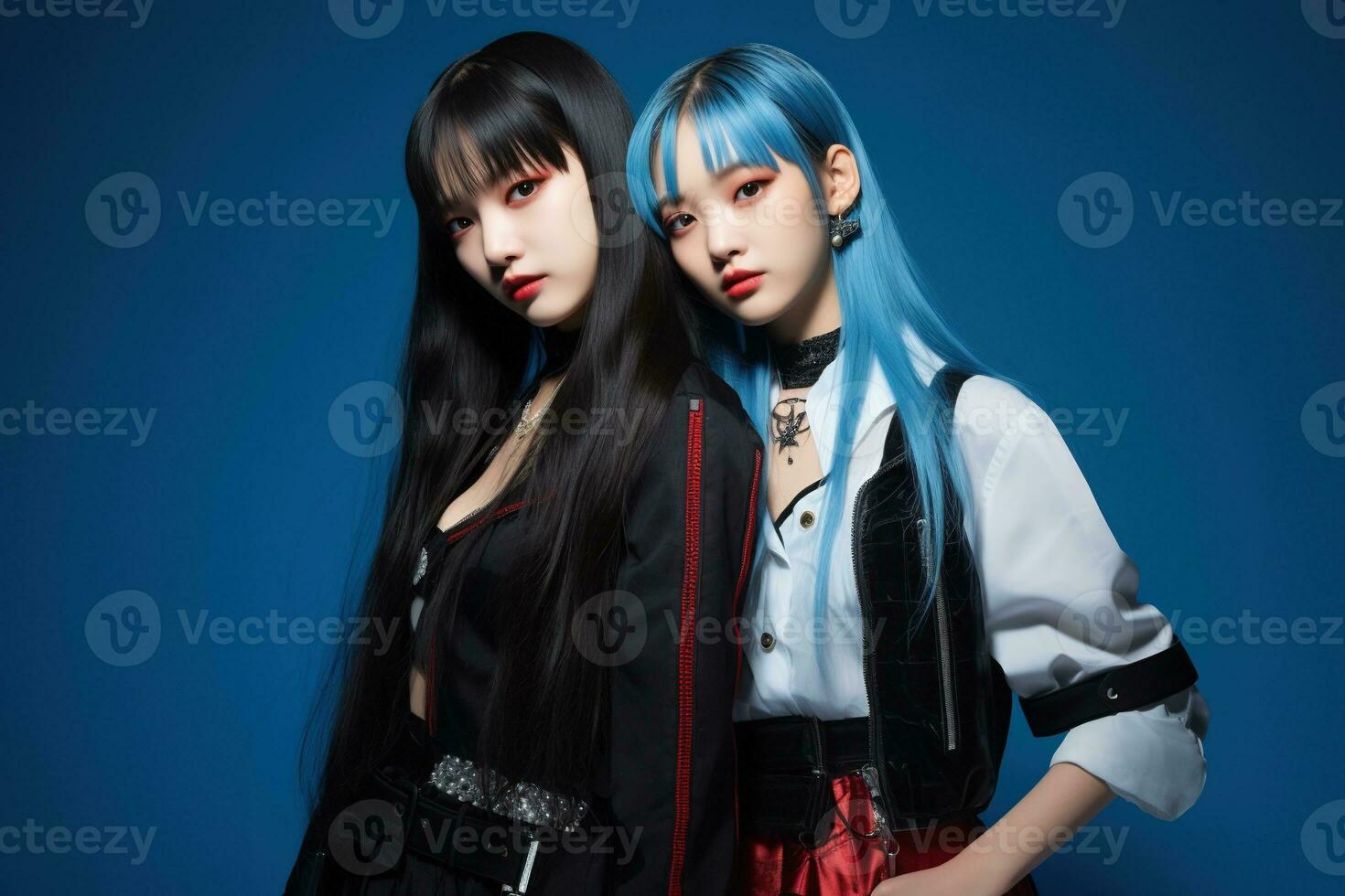 Portrait of two beautiful asian women in Fashion outfits on blue background AI Generated photo