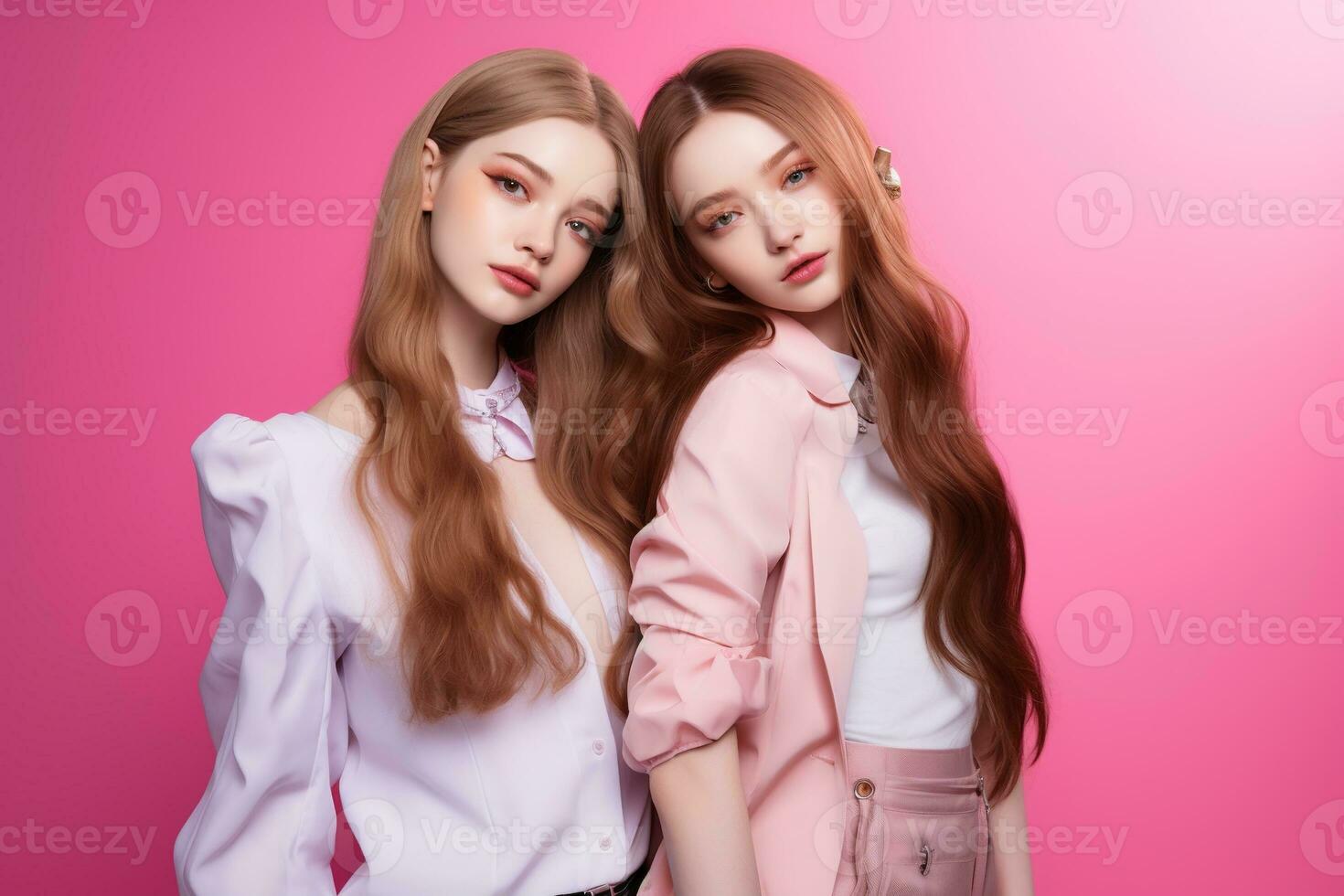 Portrait of two beautiful girls in the studio on a pink background AI Generated photo