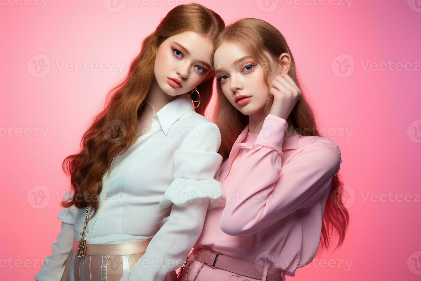 Portrait of two beautiful girls in the studio on a pink background AI Generated photo