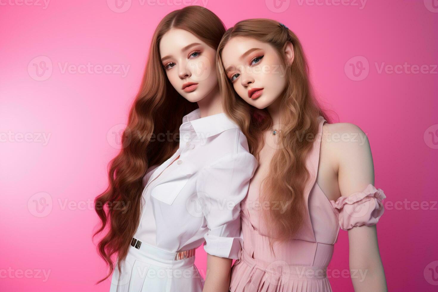 Portrait of two beautiful girls in the studio on a pink background AI Generated photo