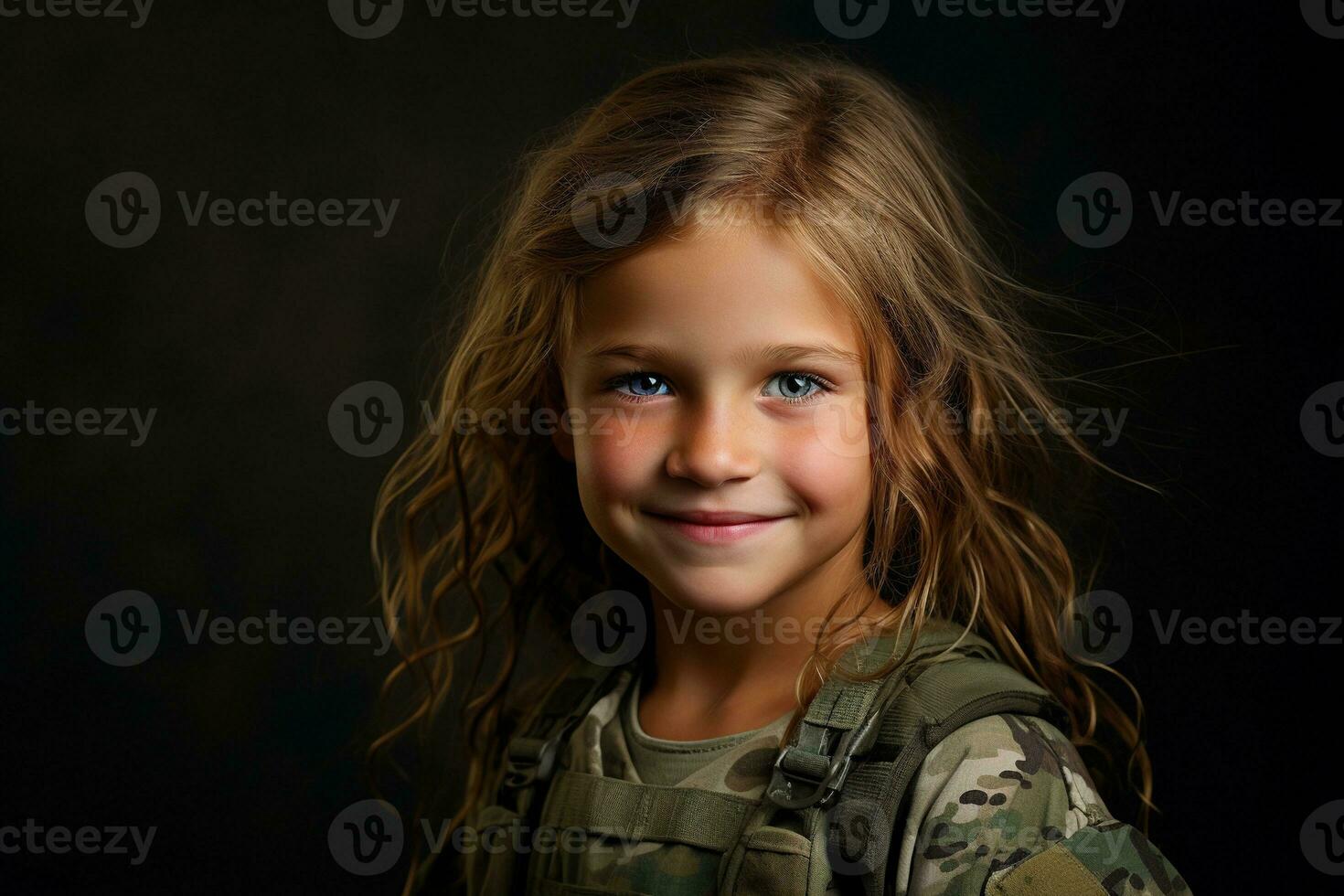 Portrait of a little girl in a military uniform. Studio shot. AI Generated photo