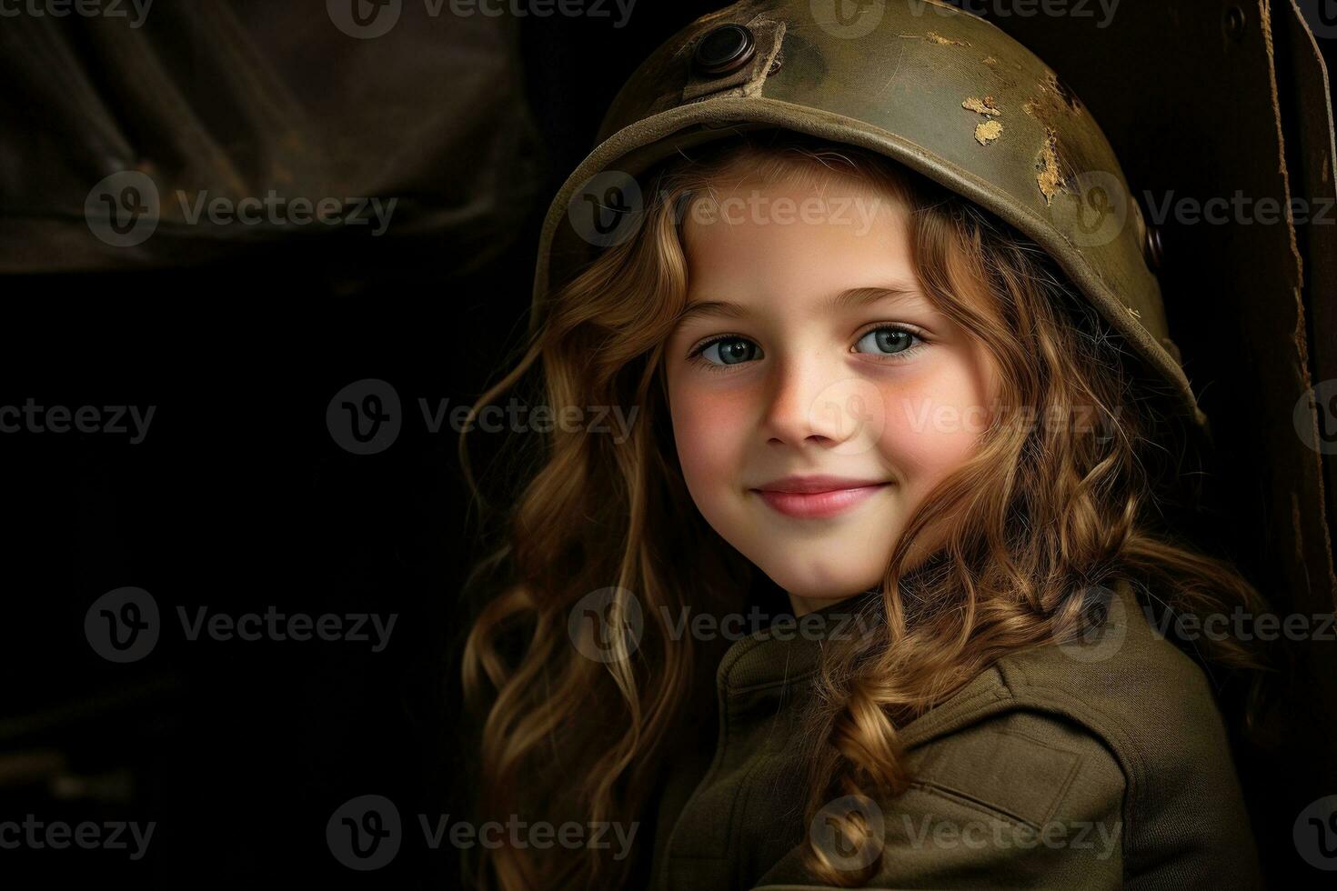 Portrait of a little girl in a military uniform. Studio shot. AI Generated photo