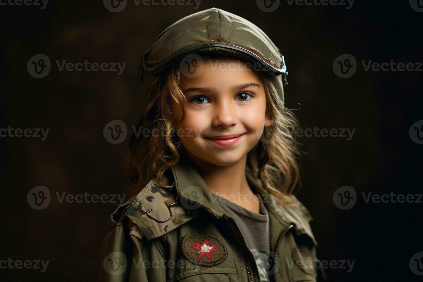 Portrait of a little girl in a military uniform. Studio shot. AI Generated photo