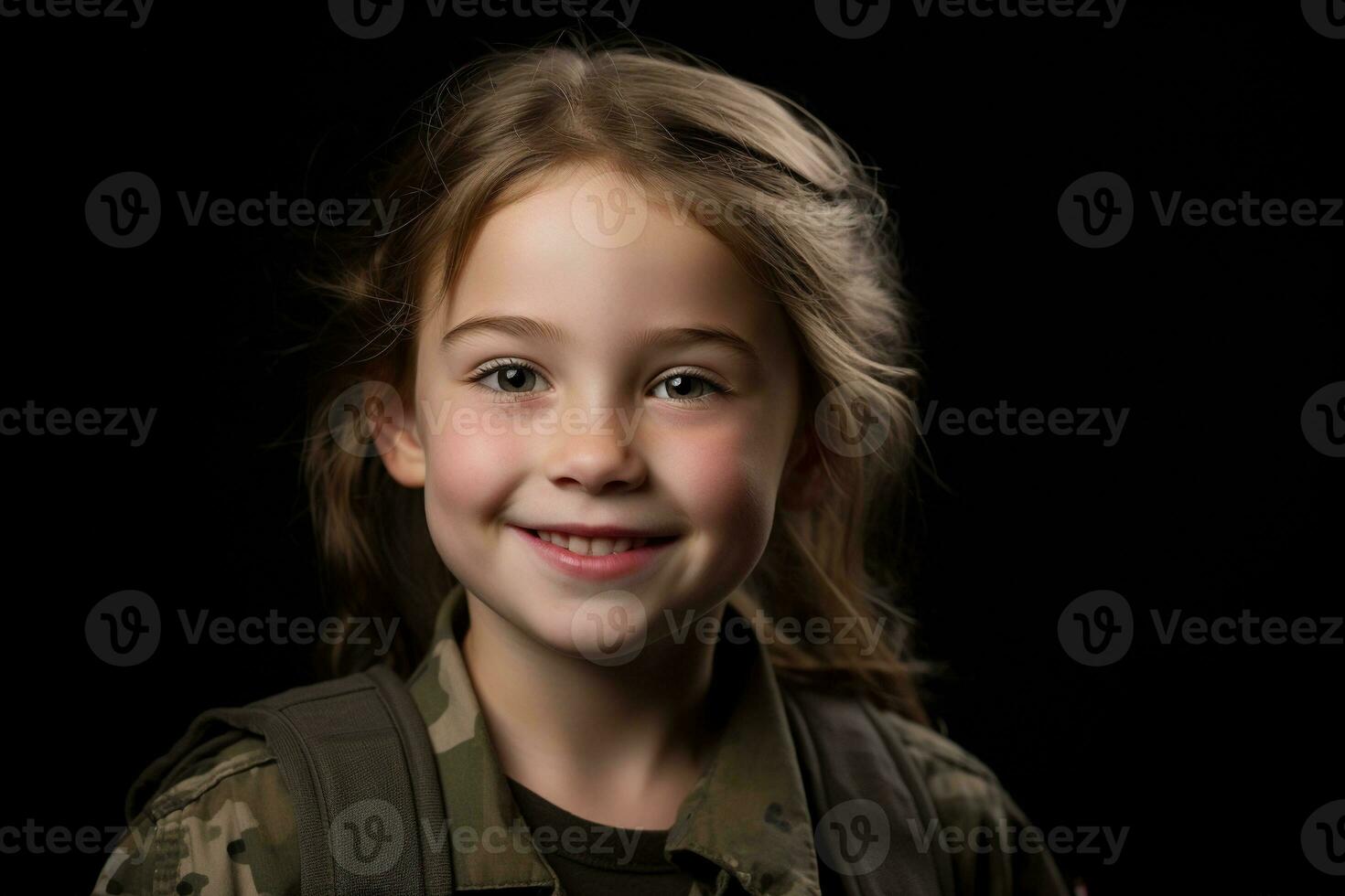 retrato de un pequeño niña en un militar uniforme. estudio disparo. ai generado foto