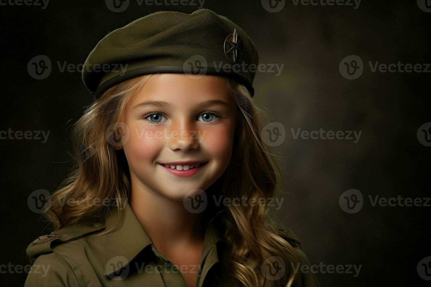 Portrait of a little girl in a military uniform. Studio shot. AI Generated photo