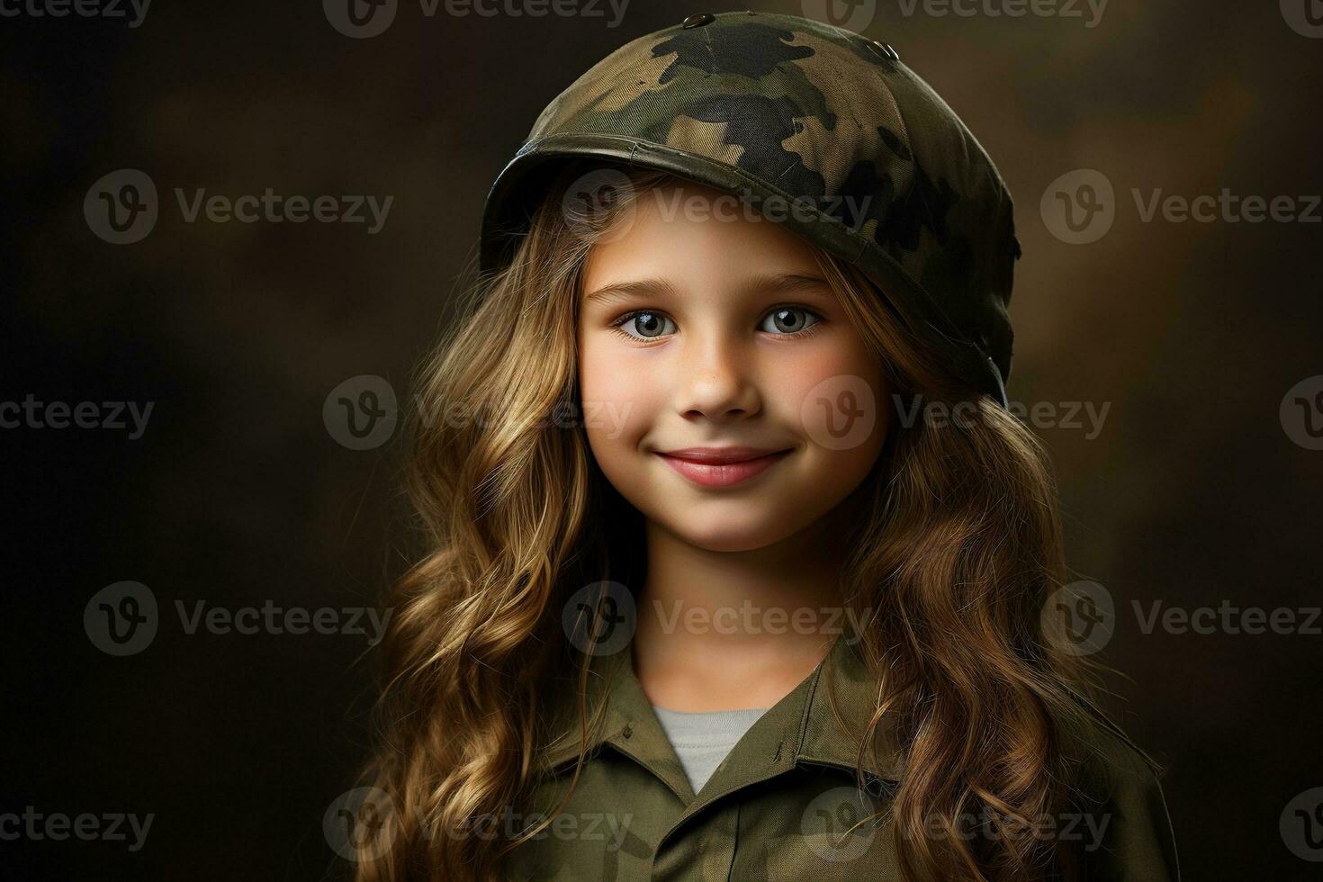 Portrait of a little girl in a military uniform. Studio shot. AI Generated photo