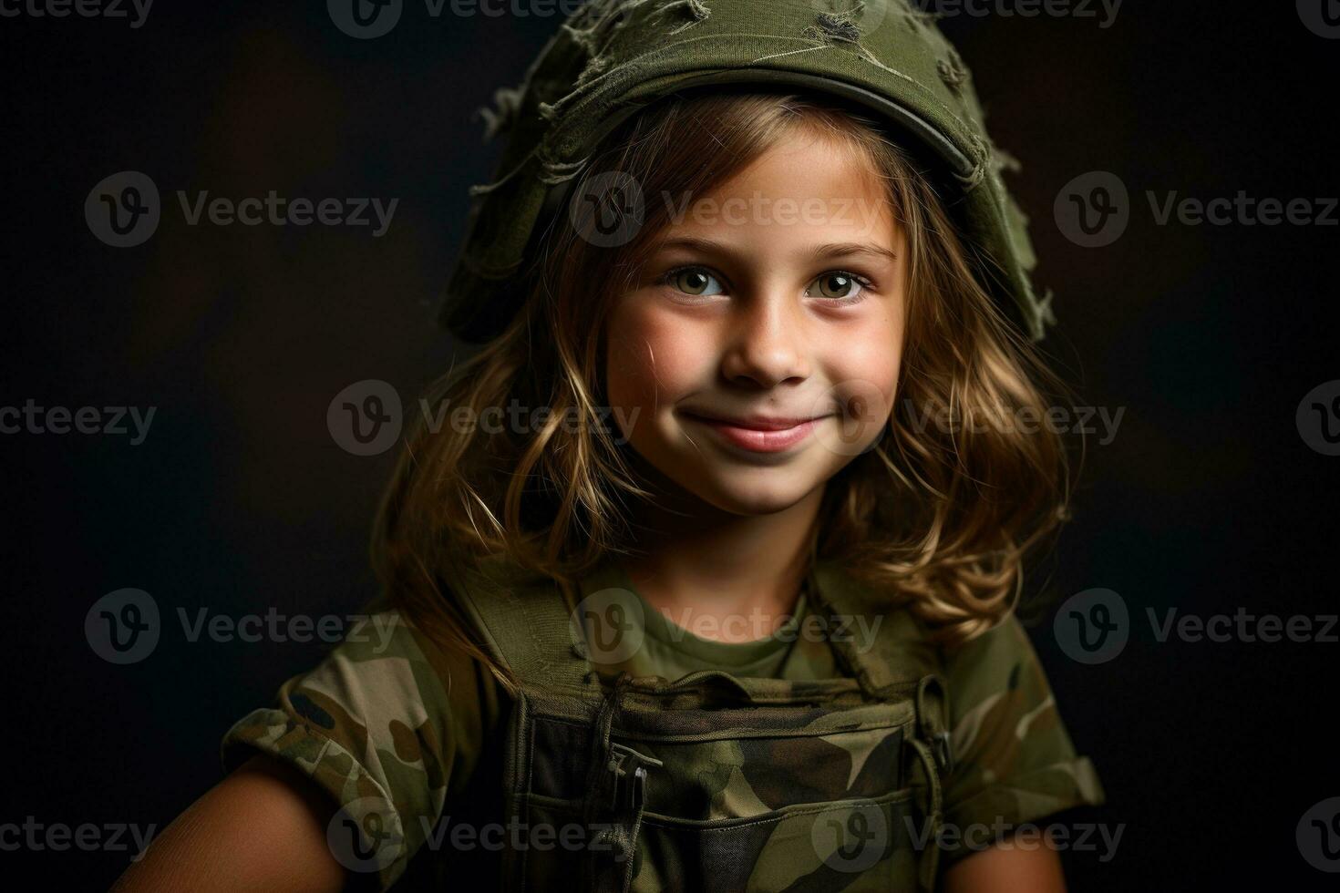 Portrait of a little girl in a military uniform. Studio shot. AI Generated photo