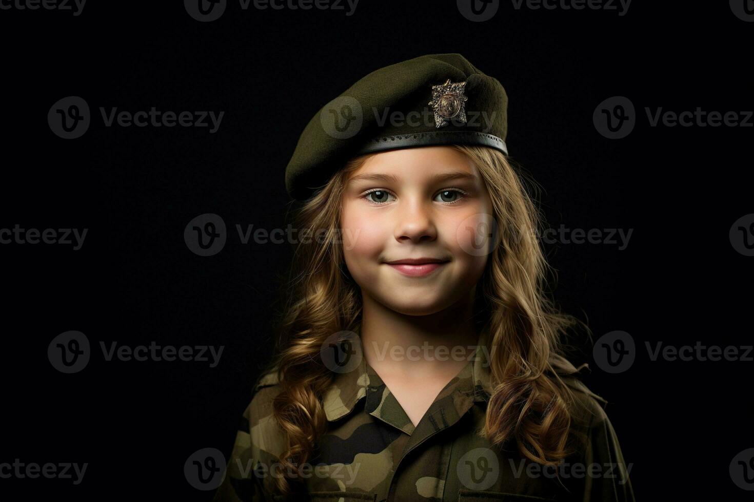 retrato de un pequeño niña en un militar uniforme. estudio disparo. ai generado foto