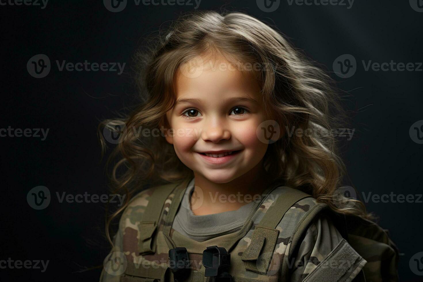 Portrait of a little girl in a military uniform. Studio shot. AI Generated photo