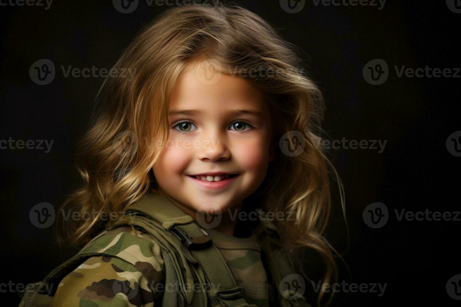 Portrait of a little girl in a military uniform. Studio shot. AI Generated photo