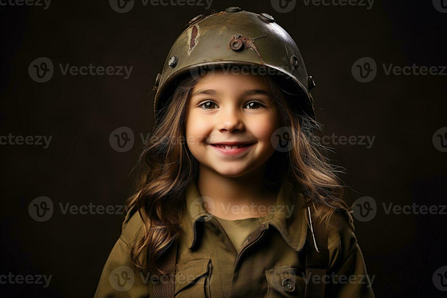 Portrait of a little girl in a military uniform. Studio shot. AI Generated photo