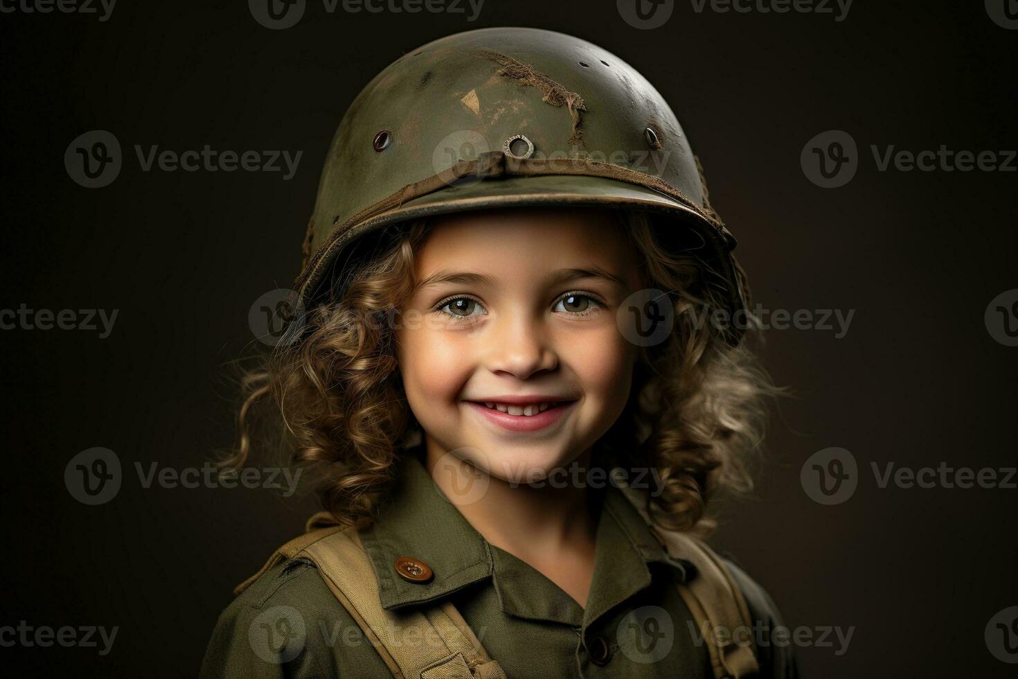 Portrait of a little girl in a military uniform. Studio shot. AI Generated photo