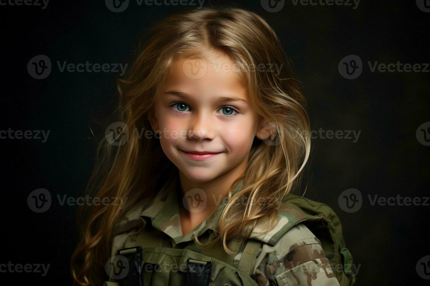 Portrait of a little girl in a military uniform. Studio shot. AI Generated photo