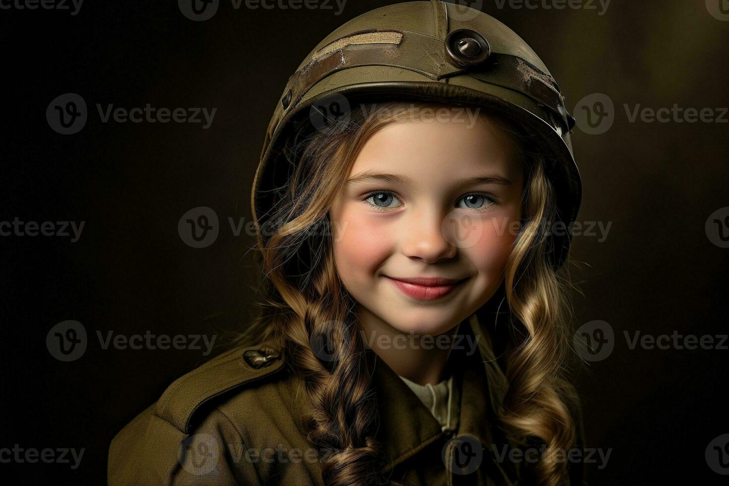 Portrait of a little girl in a military uniform. Studio shot. AI Generated photo
