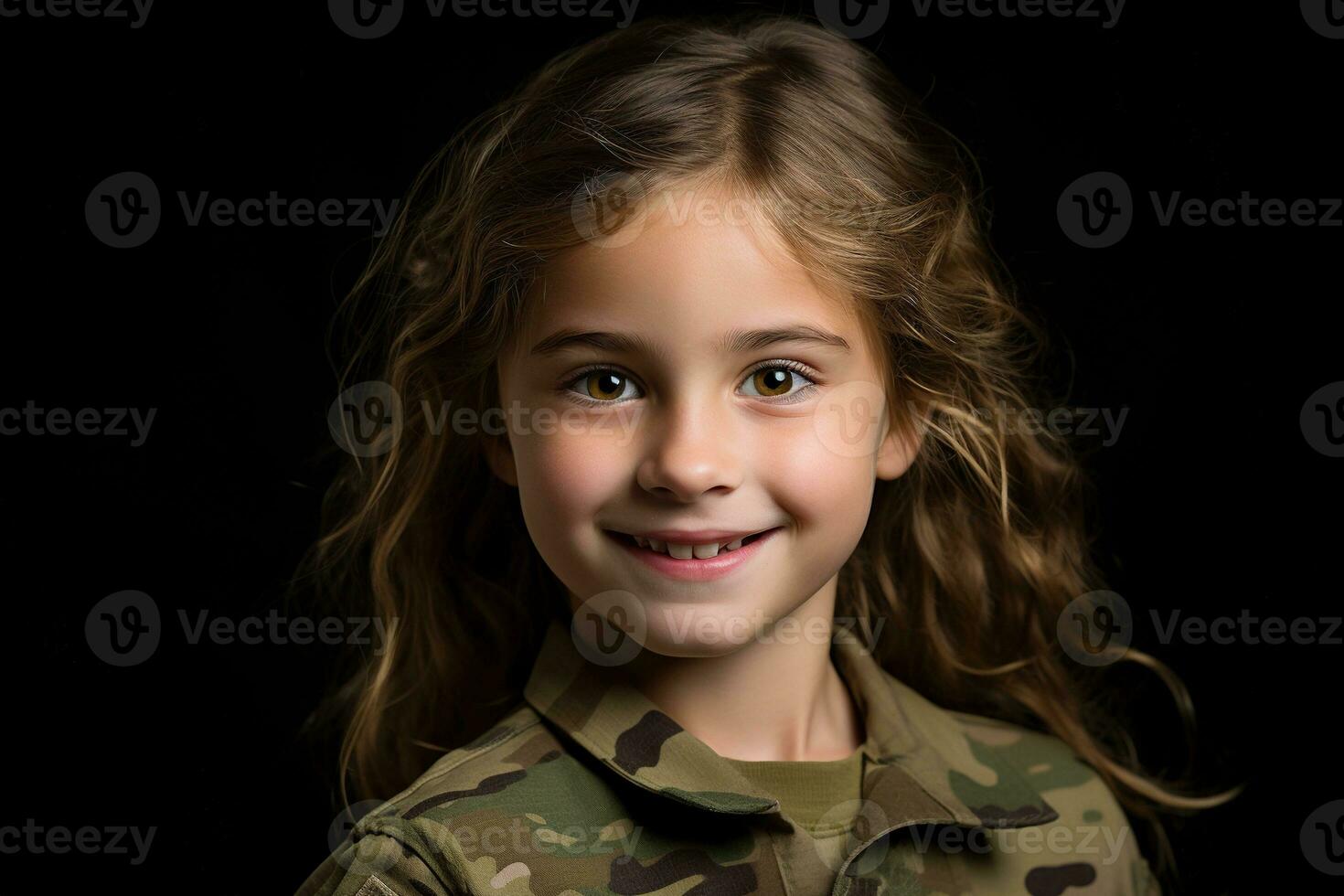 Portrait of a little girl in a military uniform. Studio shot. AI Generated photo