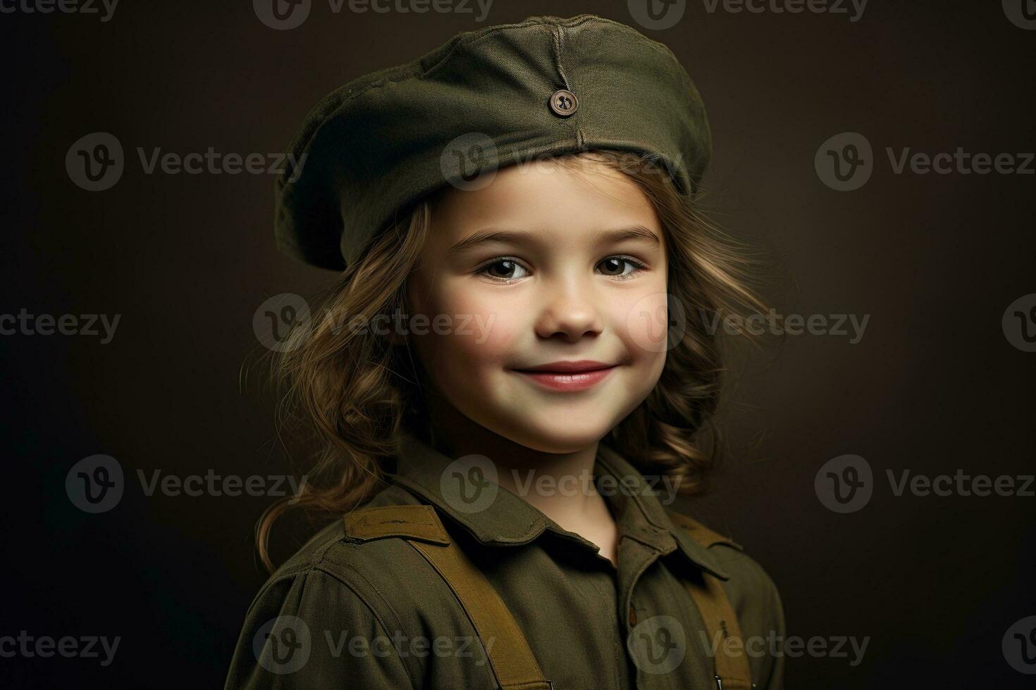 Portrait of a little girl in a military uniform. Studio shot. AI Generated photo