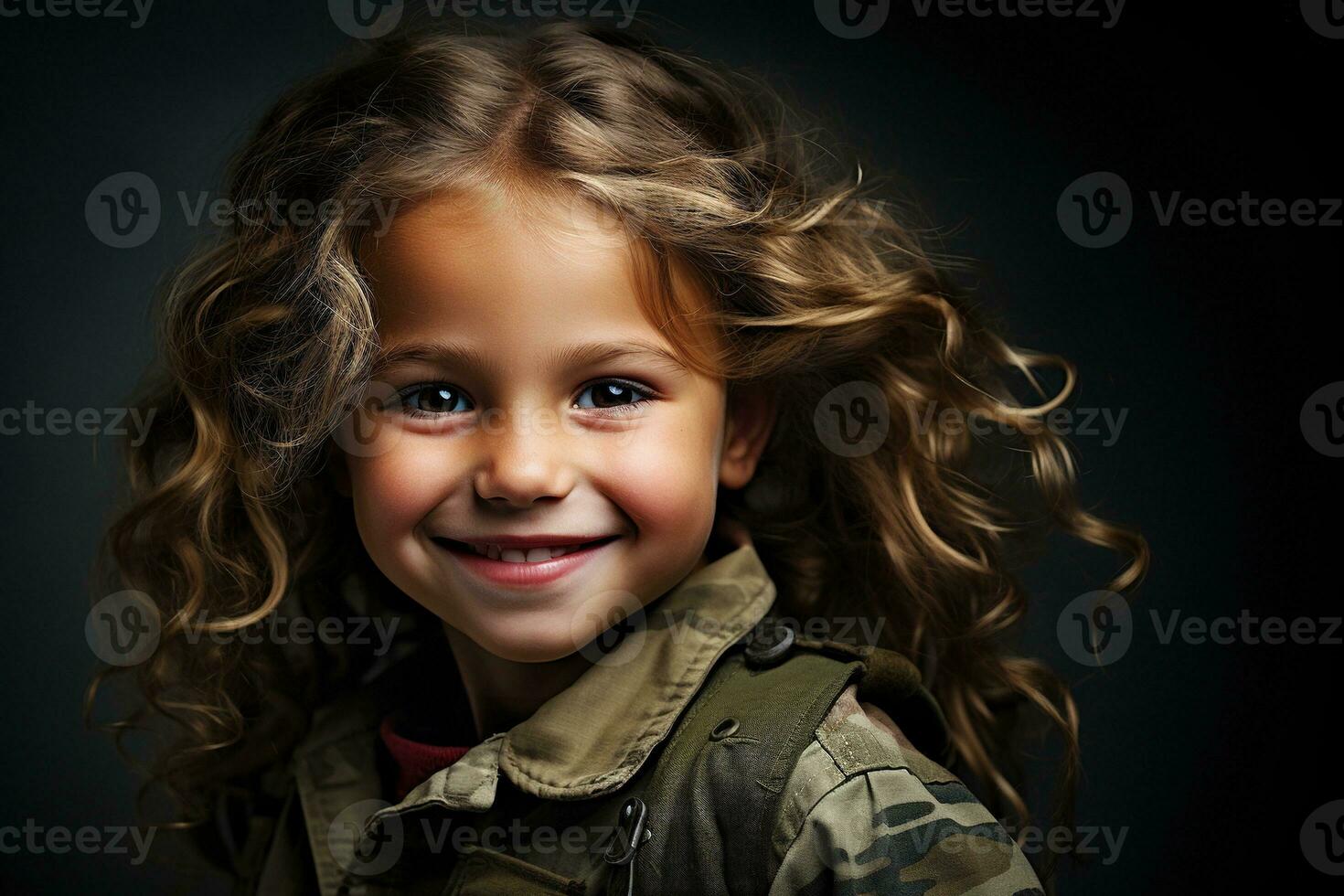 Portrait of a little girl in a military uniform. Studio shot. AI Generated photo