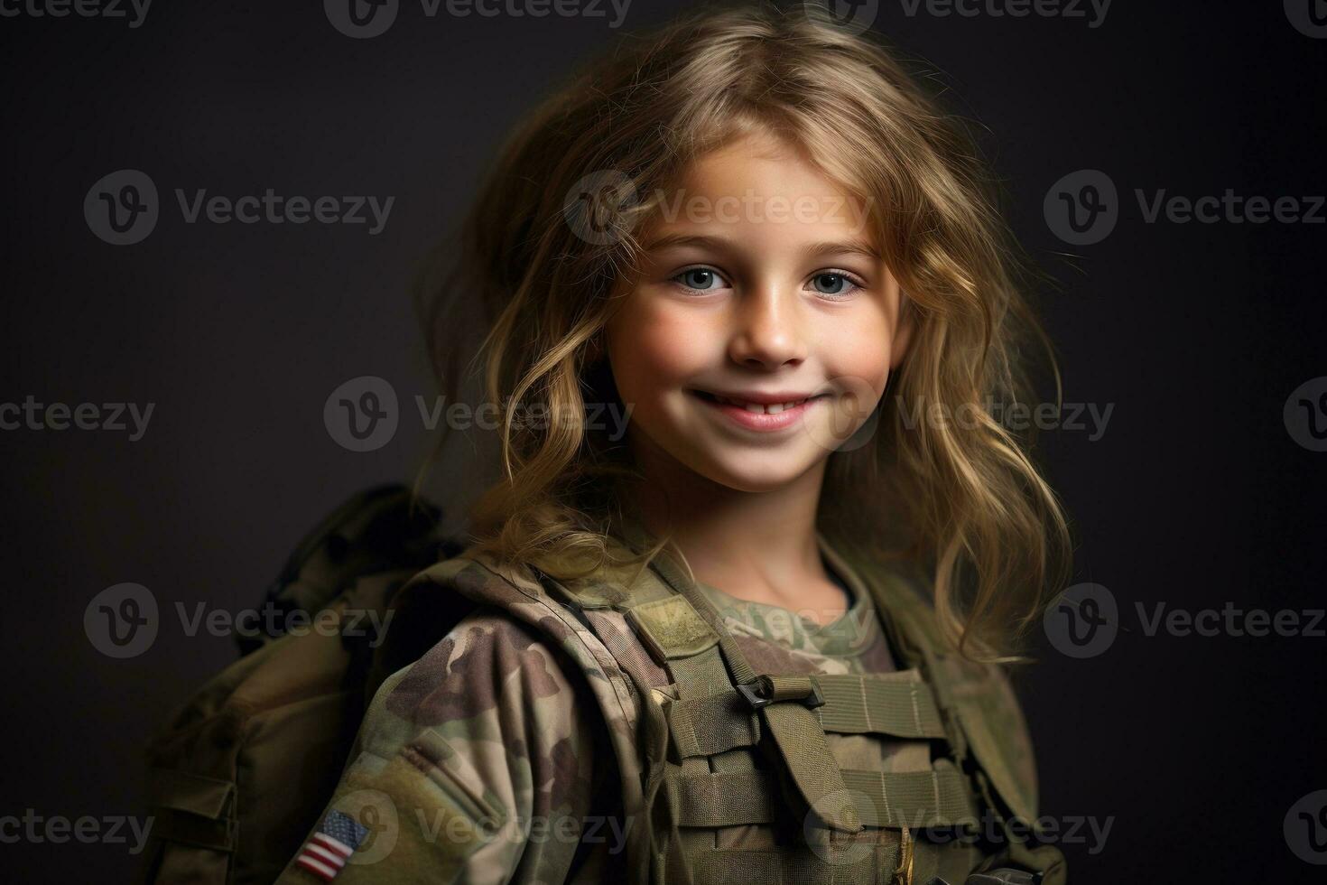 Portrait of a little girl in a military uniform. Studio shot. AI Generated photo