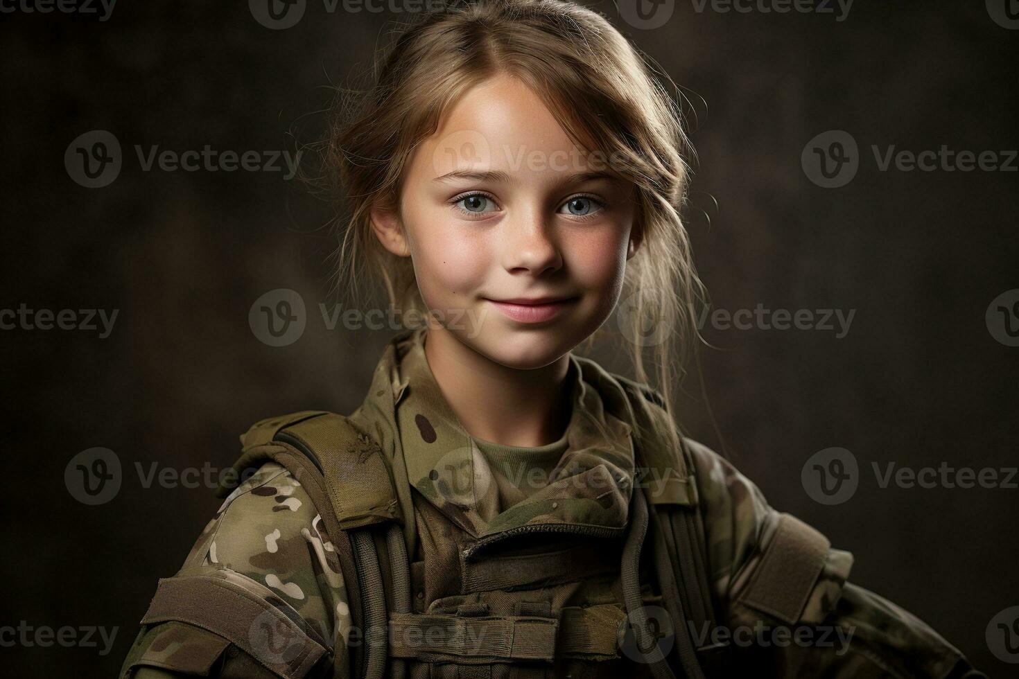 retrato de un pequeño niña en un militar uniforme. estudio disparo. ai generado foto