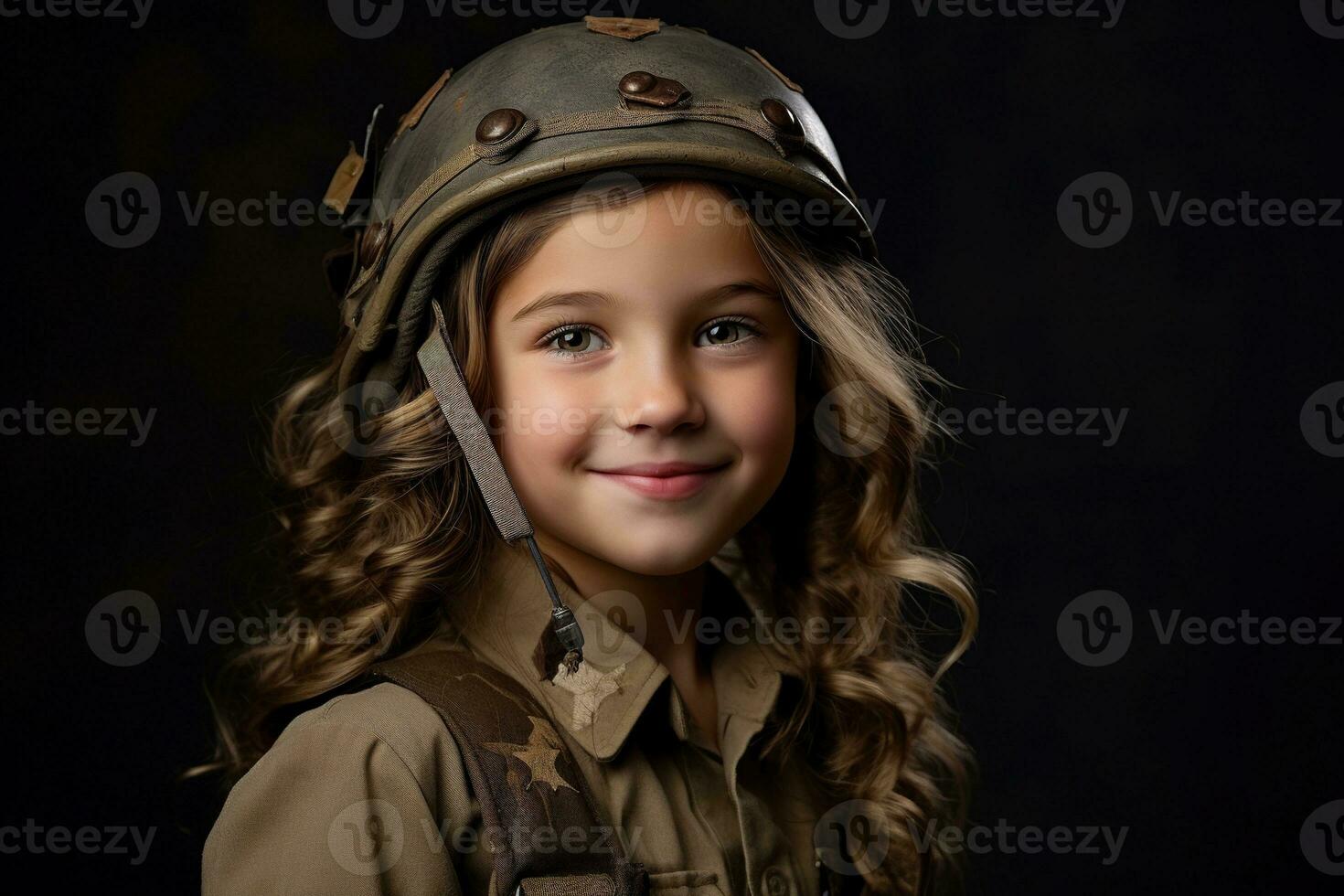 Portrait of a little girl in a military uniform. Studio shot. AI Generated photo