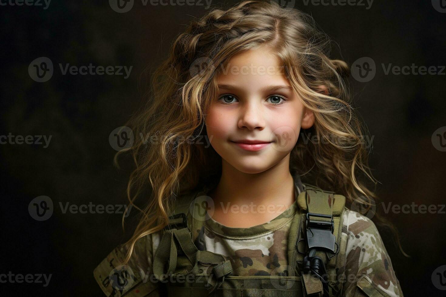 Portrait of a little girl in a military uniform. Studio shot. AI Generated photo