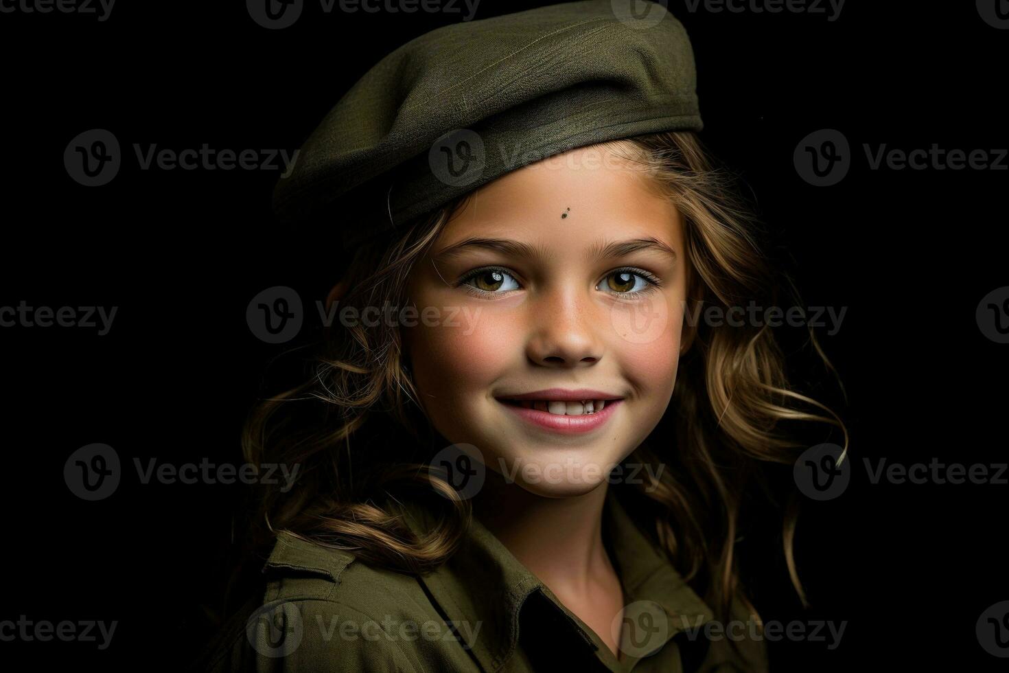 Portrait of a little girl in a military uniform. Studio shot. AI Generated photo