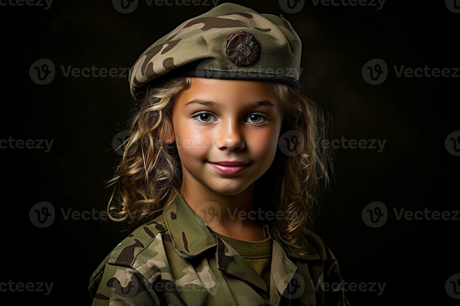 Portrait of a little girl in a military uniform. Studio shot. AI Generated photo