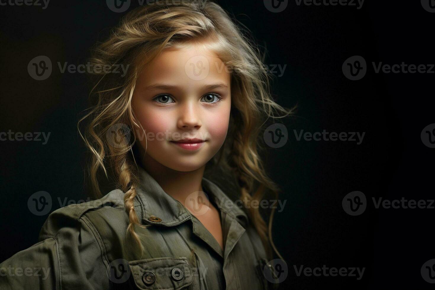 Portrait of a little girl in a military uniform. Studio shot. AI Generated photo