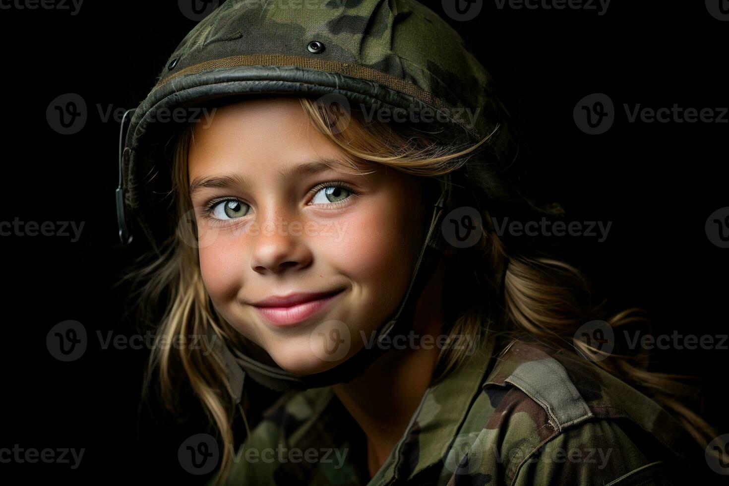 Portrait of a little girl in a military uniform. Studio shot. AI Generated photo