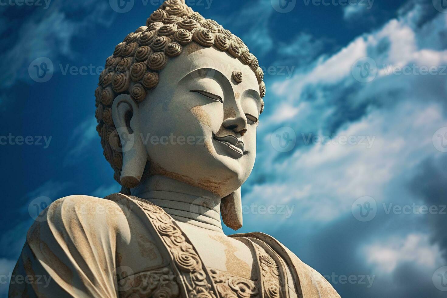 Buda estatua con azul cielo y nubes antecedentes ai generado foto