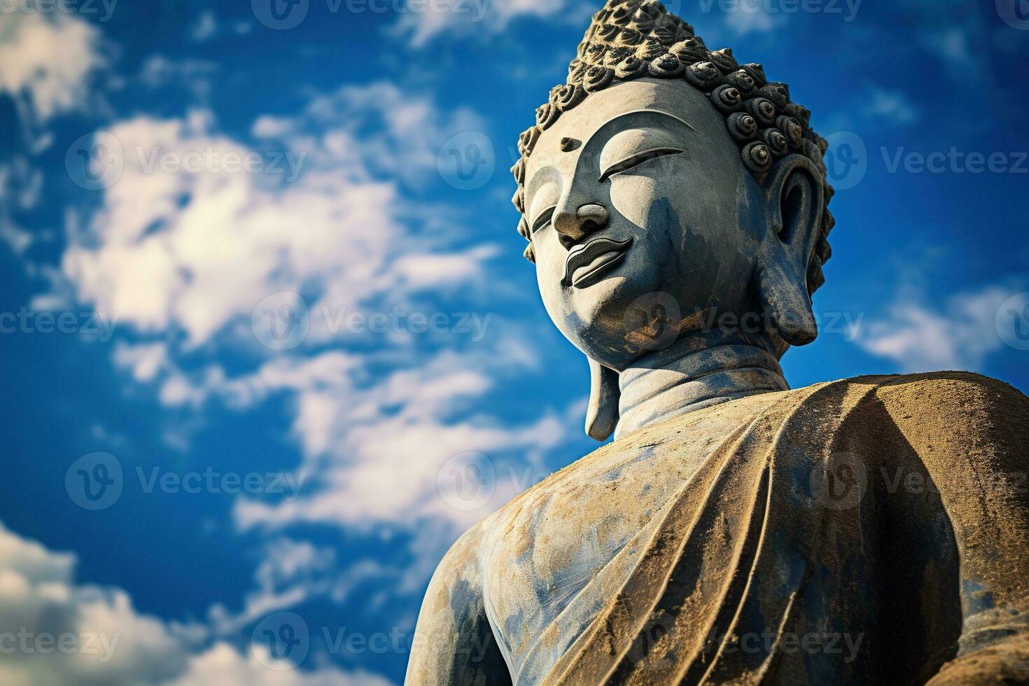 Buda estatua con azul cielo y nubes antecedentes ai generado foto