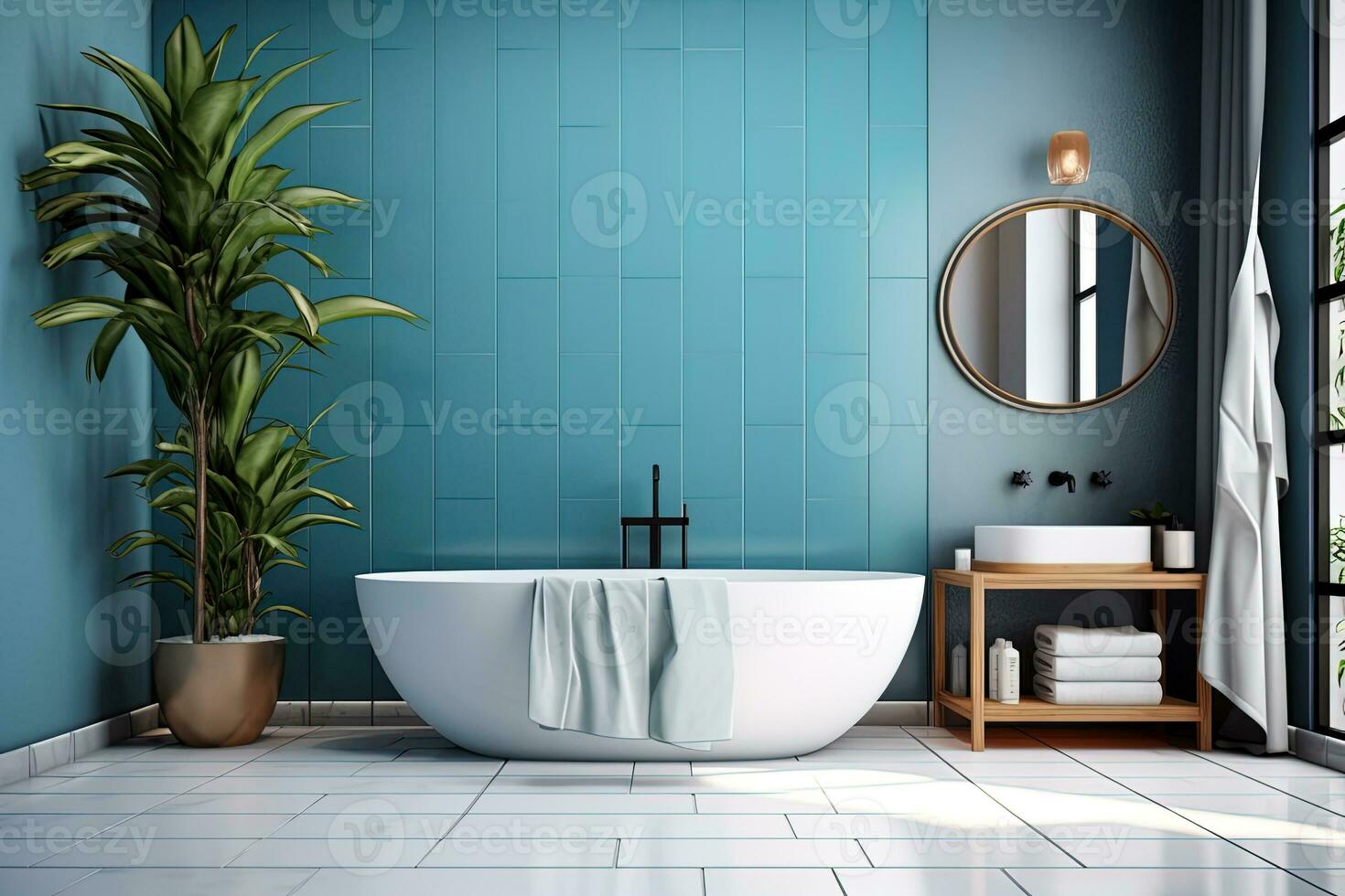 Interior of modern bathroom with blue walls, tiled floor, white bathtub and round mirror. photo