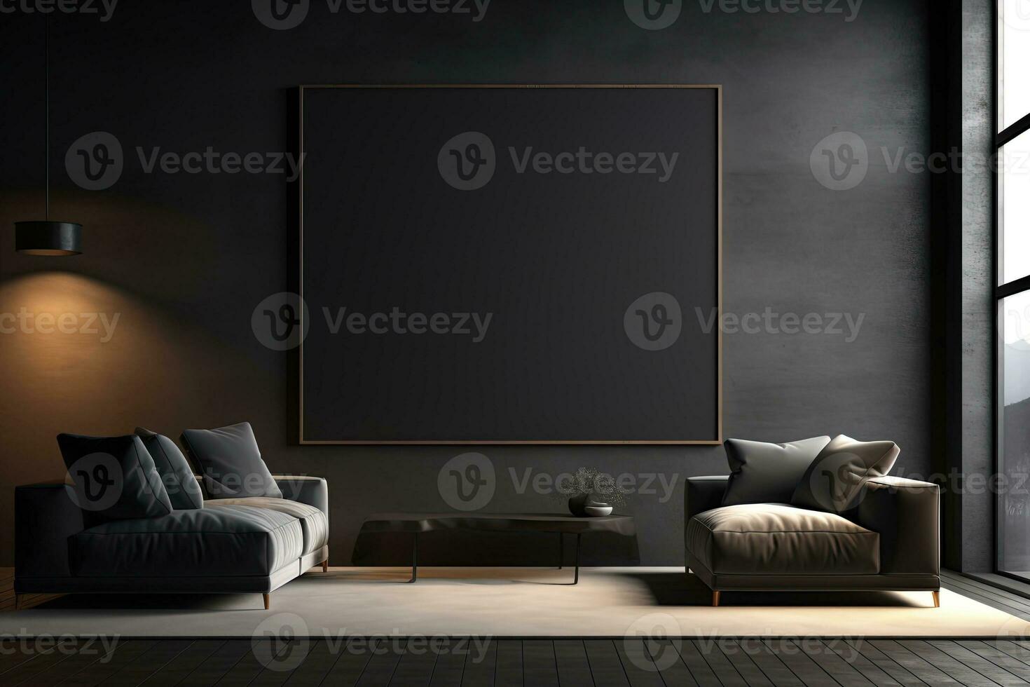 Dark living room interior with dark concrete walls, concrete floor, gray sofa and coffee table. Mock up poster frame photo